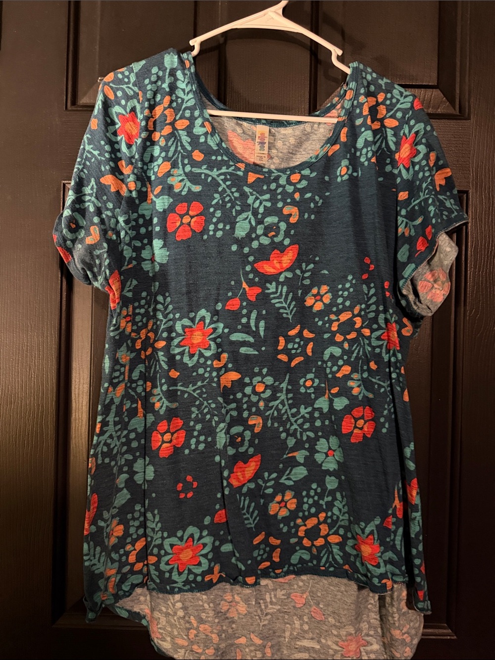 LuLaRoe Teal Scoop-Neck Short Sleeve Top with Coral and Aqua Floral Print